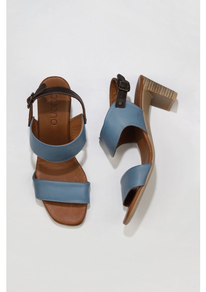 Mavi Deri Kadın Topuklu Sandalet