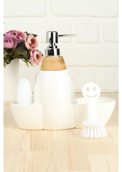 Beyaz Porselen Sıvı Sabunluk & Fırça & Sünger Set