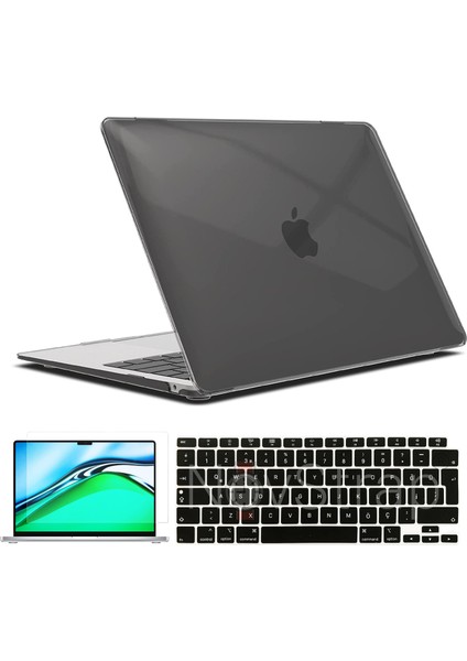 Apple MacBook Air 13 Inch M1 Çip A2337 Uyumlu Alt Üst Parlak Kılıf + Siyah Klavye Kılıfı + Film