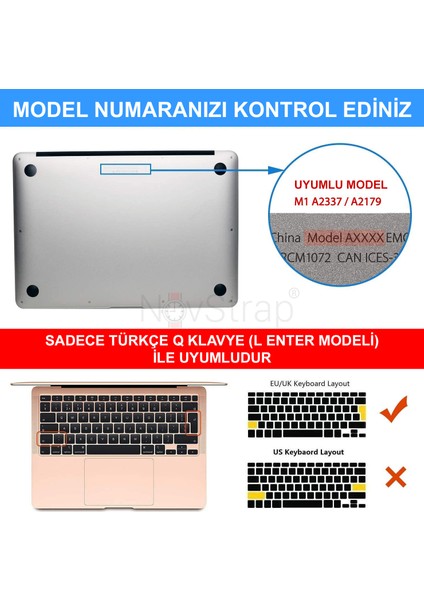 Apple MacBook Air 13 Inch M1 Çip A2337 Uyumlu Alt Üst Parlak Kılıf + Siyah Klavye Kılıfı + Film