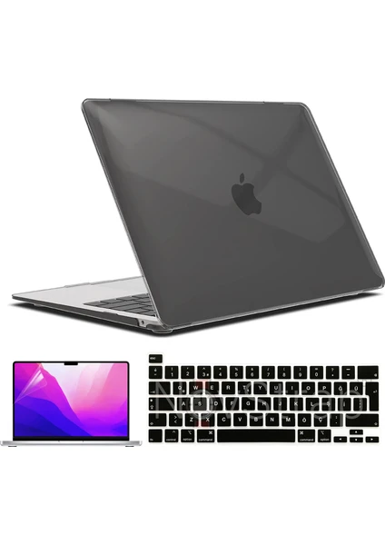 Apple MacBook Pro 13 Inç M1 Çip A2338 Uyumlu Alt Üst Parlak Kılıf + Siyah Klavye Kılıfı + Film