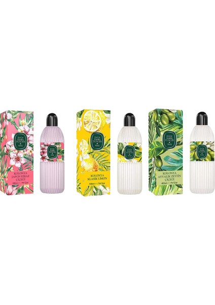 Kolonya Japon Kiraz Çiçeği, Klasik Limon ve Ayvalık Zeytin Çiçeği Pet Şişe 400 ml
