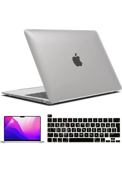 Apple MacBook Pro 13 Inç M1 Çip A2338 Uyumlu Alt Üst Parlak Kılıf + Siyah Klavye Kılıfı + Film