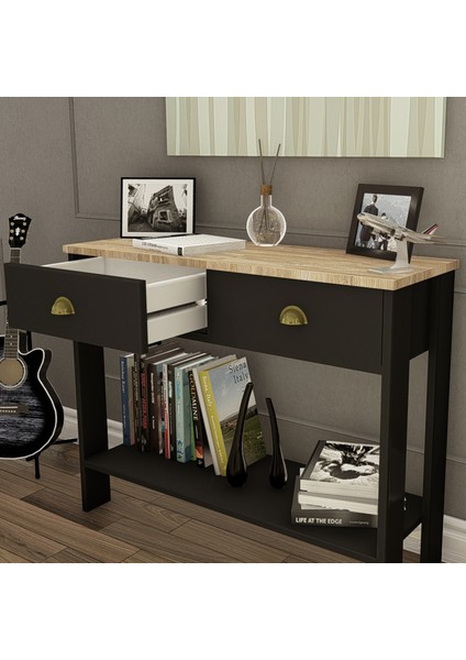 Meşe Tabla Siyah Retro Serisi Çift Çekmeceli Dresuar