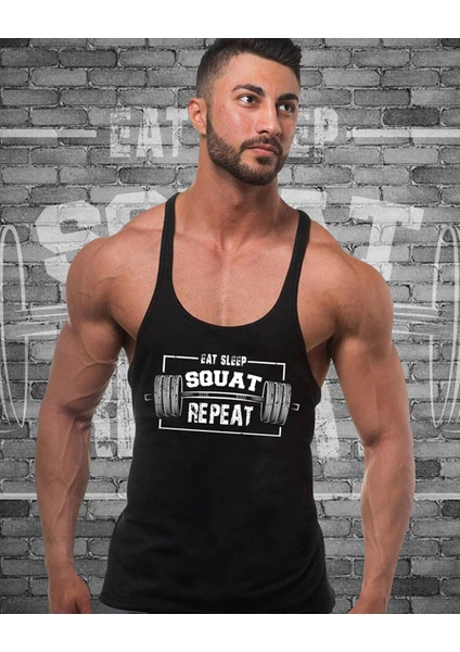 Squat Repeat Fitness Gym Tank Top Sporcu Atleti Siyah