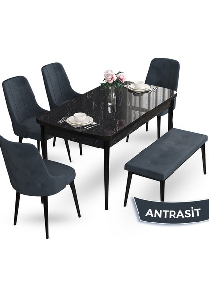Concept Yay Serisi, 80X132 Açılabilir Masa Takımı,siyah Mermer Desen Masa 4 Sandalye 1 Bench