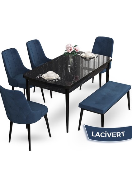 Concept Yay Serisi, 80X132 Açılabilir Masa Takımı,siyah Mermer Desen Masa 4 Sandalye 1 Bench