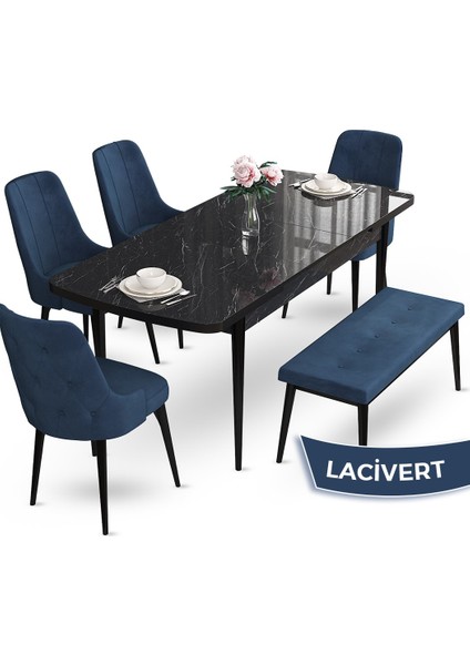 Concept Yay Serisi, 80X132 Açılabilir Masa Takımı,siyah Mermer Desen Masa 4 Sandalye 1 Bench