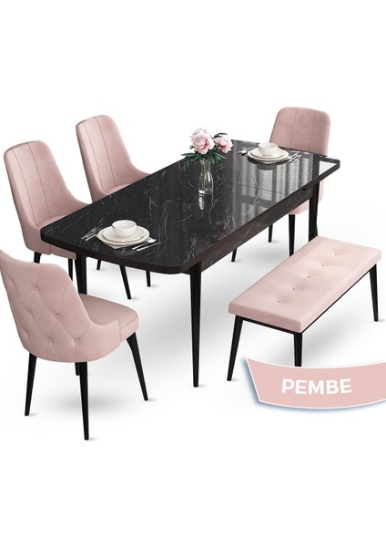Concept Yay Serisi, 80X132 Açılabilir Masa Takımı,siyah Mermer Desen Masa 4 Sandalye 1 Bench fiyatları