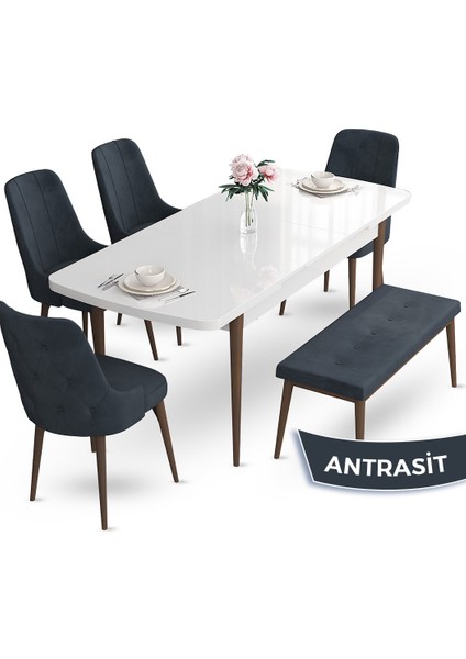 Concept Yay Serisi, 80X132 Mutfak Masa Takımı, Beyaz Masa Ceviz Ayak 4 Sandalye 1 Bench