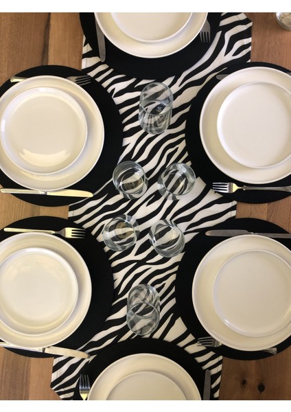 Desenizmir Amerikan Servis Zebra Desen Takım 6 Supla ve Runner Örtü Kombin 1