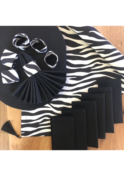 Desenizmir Amerikan Servis Zebra Desen Takım 6 Supla, 6 Kumaş Peçete, 6 Peçete Halkası ve Runner Örtü Kombin 3