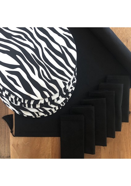 Desenizmir Amerikan Servis Zebra Desen Takım 6 Supla, 6 Kumaş Peçete ve Runner Örtü Kombin 5