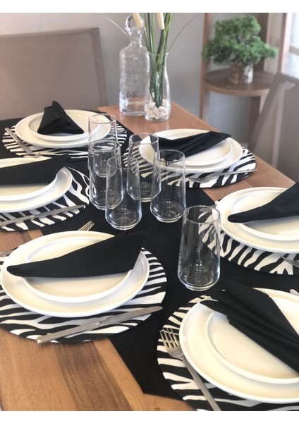 Desenizmir Amerikan Servis Zebra Desen Takım 6 Supla, 6 Kumaş Peçete ve Runner Örtü Kombin 5