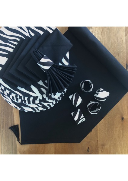 Desenizmir Amerikan Servis Zebra Desen Takım 6 Supla, 6 Kumaş Peçete, 6 Peçete Halkası ve Runner Örtü Kombin 6