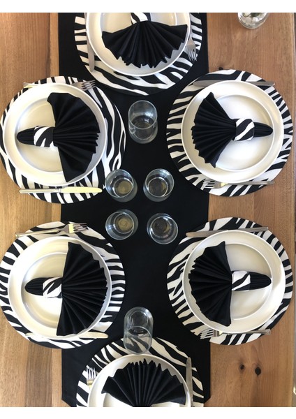 Desenizmir Amerikan Servis Zebra Desen Takım 6 Supla, 6 Kumaş Peçete, 6 Peçete Halkası ve Runner Örtü Kombin 6
