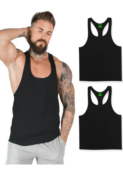 Gym Fitness Tank Top Sporcu Atleti 2li Set Siyah