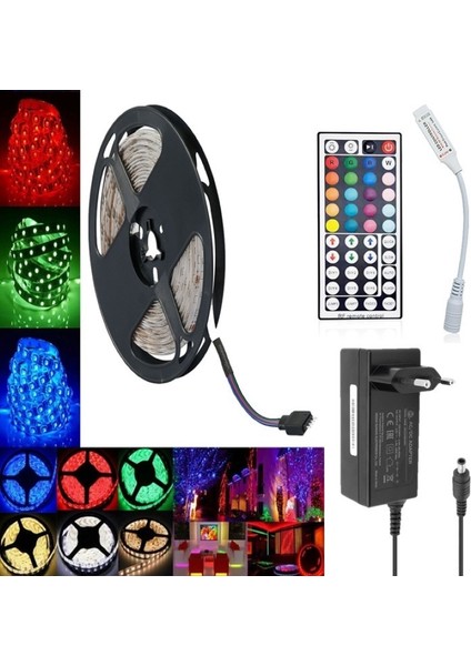 Rgb Şerit LED Set – 5 Metre LED + Adaptör + Kontrol Cihazı + 44 Tuşlu Rf Kumanda – Iç Mekan – 3 Çipli – 12 V - Hazır Tak Çalıştır