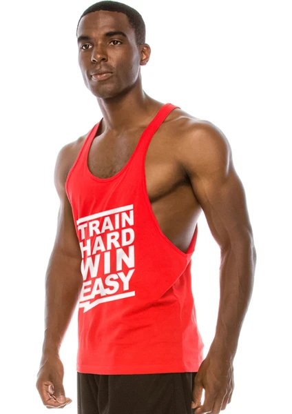 Train Hard Win Easy Gym Fitness Tank Top Sporcu Atleti Kırmızı