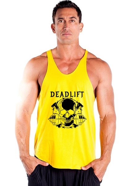 Dead Lift Skull Fitness Gym Tank Top Sporcu Atleti Sarı