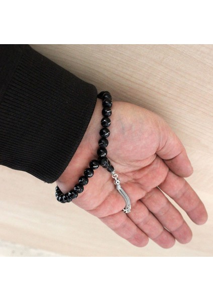 Gümüş Kakma Işlemeli Hakiki Erzurum Oltutaşı Tesbih 12 Li Işleme