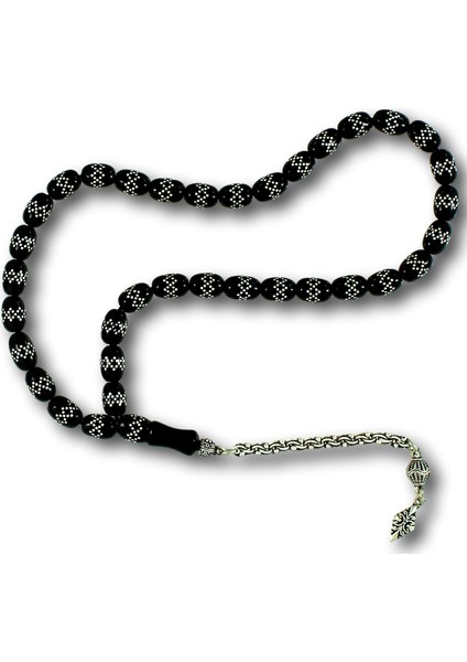 Oval Kesim Gümüş Kakma Işlemeli Gürcistan Oltu Tesbih