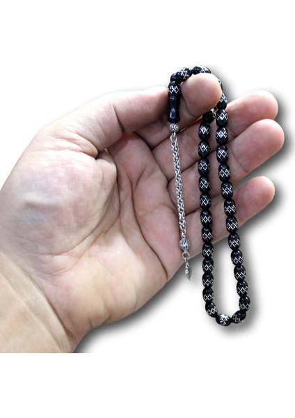 Oval Kesim Gümüş Kakma Işlemeli Gürcistan Oltu Tesbih fiyatları