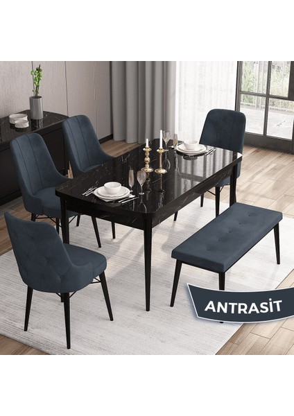 Concept Iza Serisi , 80 x 132 cm Mdf Siyah Mermer Desen Mutfak Masa Takımı, 4 Sandalye ve 1 Bench