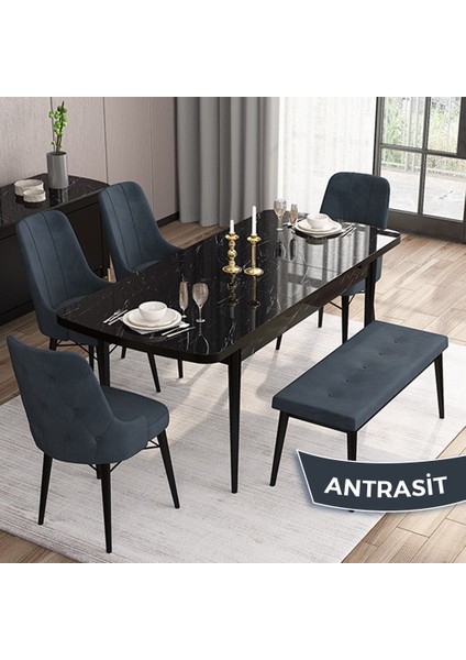 Concept Iza Serisi , 80 x 132 cm Mdf Siyah Mermer Desen Mutfak Masa Takımı, 4 Sandalye ve 1 Bench