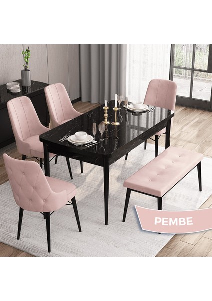 Concept Iza Serisi , 80 x 132 cm Mdf Siyah Mermer Desen Mutfak Masa Takımı, 4 Sandalye ve 1 Bench