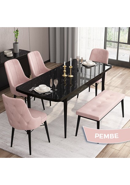 Concept Iza Serisi , 80 x 132 cm Mdf Siyah Mermer Desen Mutfak Masa Takımı, 4 Sandalye ve 1 Bench fiyatları
