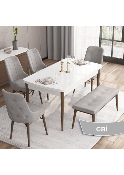 Concept Iza Serisi, 80 x 132 cm Mdf Beyaz Masa Ceviz Ayak Mutfak Masa Takımı, 4 Sandalye 1 Bench