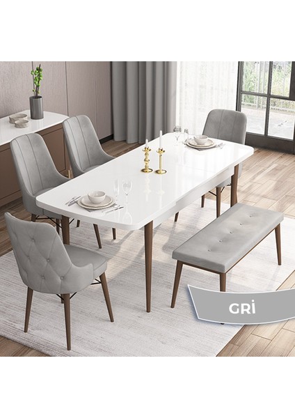 Concept Iza Serisi, 80 x 132 cm Mdf Beyaz Masa Ceviz Ayak Mutfak Masa Takımı, 4 Sandalye 1 Bench fiyatları