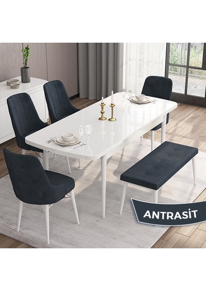 Concept Iza Serisi, 80 x 132 cm Açılabilir Mdf Masa, Beyaz Mutfak Masa Takımı, 4 Sandalye 1 Bench