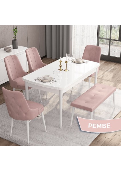 Concept Iza Serisi, 80 x 132 cm Açılabilir Mdf Masa, Beyaz Mutfak Masa Takımı, 4 Sandalye 1 Bench
