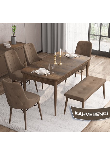 Concept Iza Serisi, 80 x 132 cm Mdf Masa, Barok Ahşap Desen Mutfak Masa Takımı, 4 Sandalye 1 Bench
