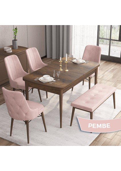 Concept Iza Serisi, 80 x 132 cm Mdf Masa, Barok Ahşap Desen Mutfak Masa Takımı, 4 Sandalye 1 Bench