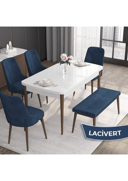 Concept Roy Serisi, 80 x 132 cm Açılabilir Mdf Masa Takımı, Beyaz Masa Ceviz Ayak 4 Sandalye 1 Bench