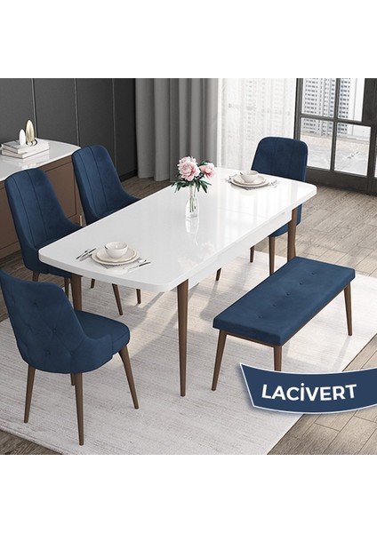 Concept Roy Serisi, 80 x 132 cm Açılabilir Mdf Masa Takımı, Beyaz Masa Ceviz Ayak 4 Sandalye 1 Bench