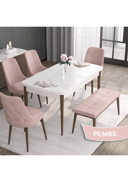 Concept Roy Serisi, 80 x 132 cm Açılabilir Mdf Masa Takımı, Beyaz Masa Ceviz Ayak 4 Sandalye 1 Bench