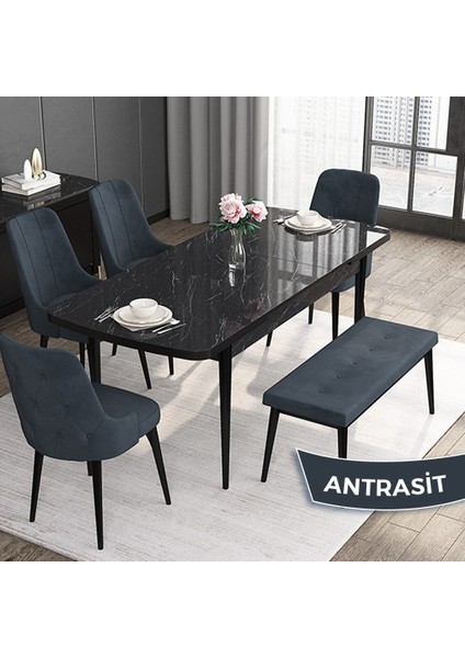Concept Roy Serisi, 80 x 132 cm Mdf Mutfak Masa Takımı,siyah Mermer Desen Masa 4 Sandalye 1 Bench