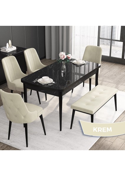 Concept Roy Serisi, 80 x 132 cm Mdf Mutfak Masa Takımı,siyah Mermer Desen Masa 4 Sandalye 1 Bench
