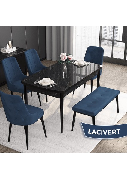 Concept Roy Serisi, 80 x 132 cm Mdf Mutfak Masa Takımı,siyah Mermer Desen Masa 4 Sandalye 1 Bench