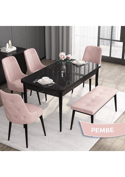 Concept Roy Serisi, 80 x 132 cm Mdf Mutfak Masa Takımı,siyah Mermer Desen Masa 4 Sandalye 1 Bench