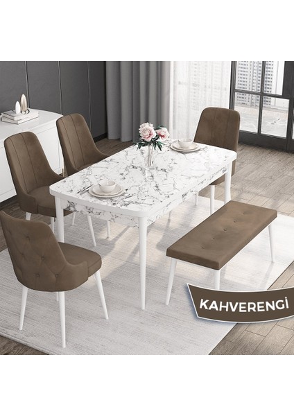 Concept Roy Serisi,80 x 132 cm Açılabilir Mdf Masa,beyaz Mermer Desen Mutfak Masa Takımı, 4 Sandalye 1 Bench