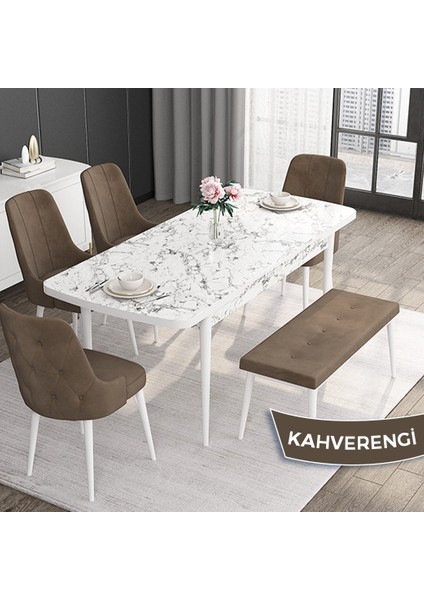 Concept Roy Serisi,80 x 132 cm Açılabilir Mdf Masa,beyaz Mermer Desen Mutfak Masa Takımı, 4 Sandalye 1 Bench fiyatları