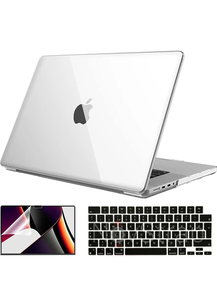 Novstrap Apple MacBook Pro 2021 M1 14.2 Inc A2442 Uyumlu Parlak Kılıf + Siyah Klavye Kılıfı + Film