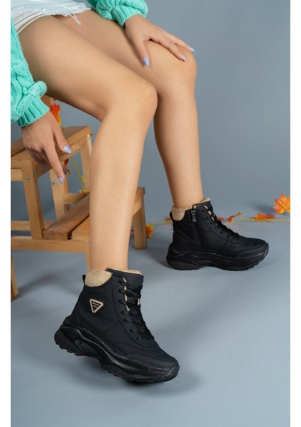 Unisex Trekking Bot Siyah Bej Suni Deri Fermuarlı Ortopedik İç Taban Kaymaz Dış Taban
