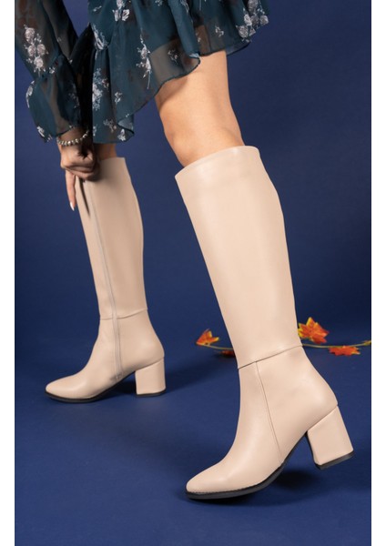 Kadın Nude Deri Çizme – Fermuarlı, Ortopedik Tabanlı, Günlük Kullanıma Uygun Rahat ve Şık Tasarım
