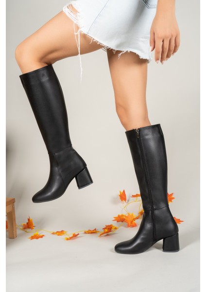 Kadın Siyah Cilt Çizme Fermuarlı Ortopedik Tabanlı Zarif Günlük Kullanım Tasarımı fırsatları